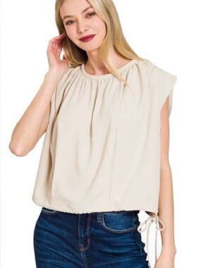Zenana Women's Sand Beige Pleated Side Tie Pleated Top